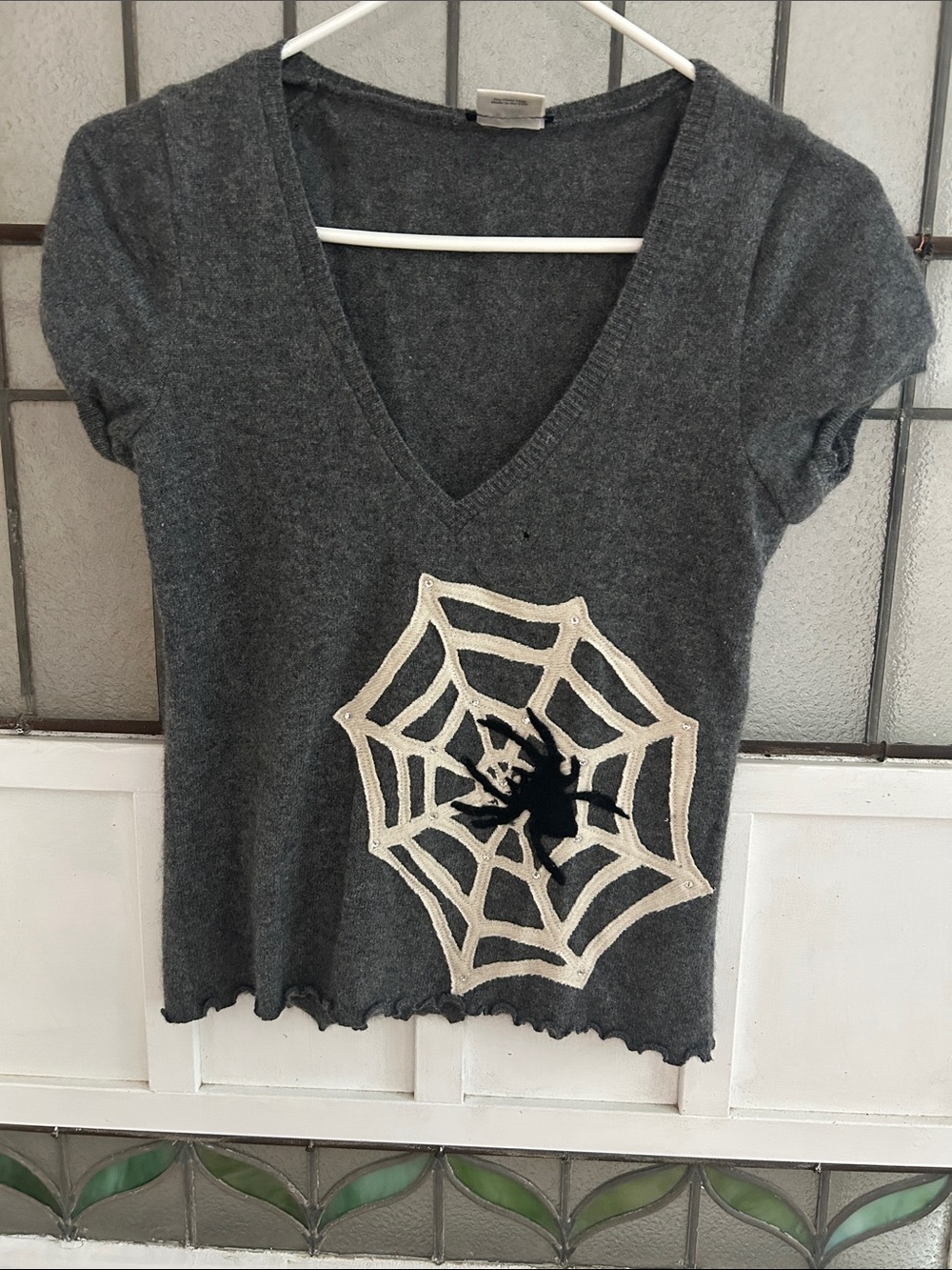 Deborah Lindquist original .100% cashmere V-Neck Top with Spider Web